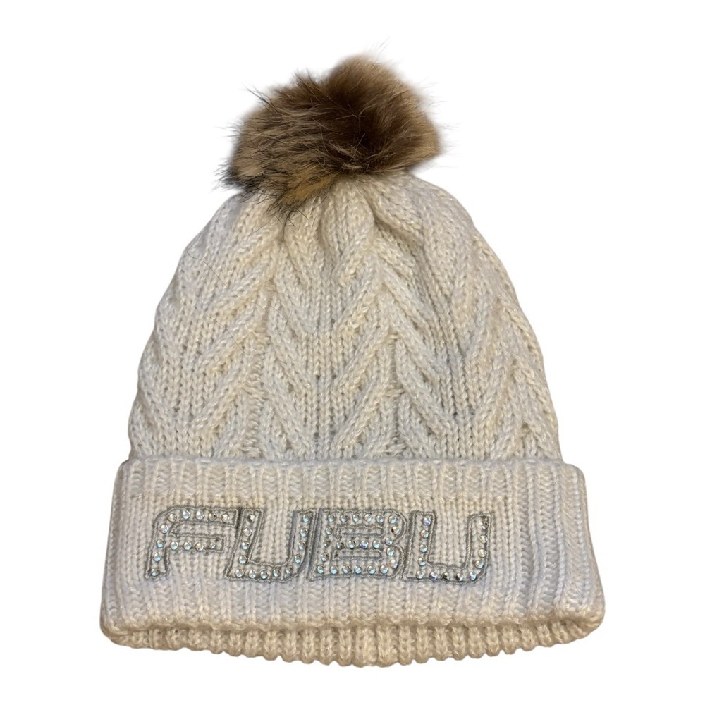 FUBU Cream Knit Hat with Fur Pom